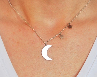 Sterling Silver Crescent Moon Necklace with Stars, Dainty Celestial Necklace, Stars and Moon Pendant, Minimalist Celestial Jewelry