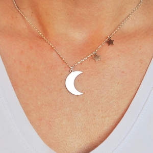 Sterling Silver Crescent Moon Necklace with Stars, Dainty Celestial Necklace, Stars and Moon Pendant, Minimalist Celestial Jewelry