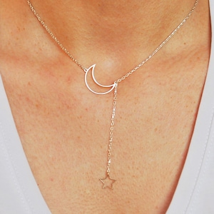 Sterling Silver Moon and Star Necklace, Minimalist Charm Necklace, Moon and Star Dangle Pendant, Dainty Celestial Necklace, Modern Jewelry