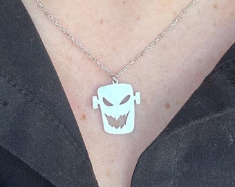 Silver Frankenstein Necklace for Halloween, Monster Head Necklace, Frankenstein Gift, Scary Necklaces For Halloween, Creepy Gifts