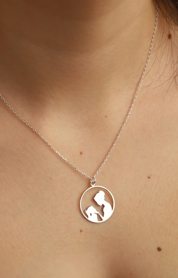 Sterling Silver Mom and Child Necklace, Dainty Mama Necklace