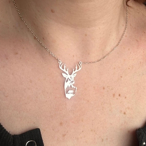 925K Sterling Silver Deer Necklace, Nature Scene Pendant with Mountains Bear, and Trees, Wildlife Forest Jewelry for Nature Lovers
