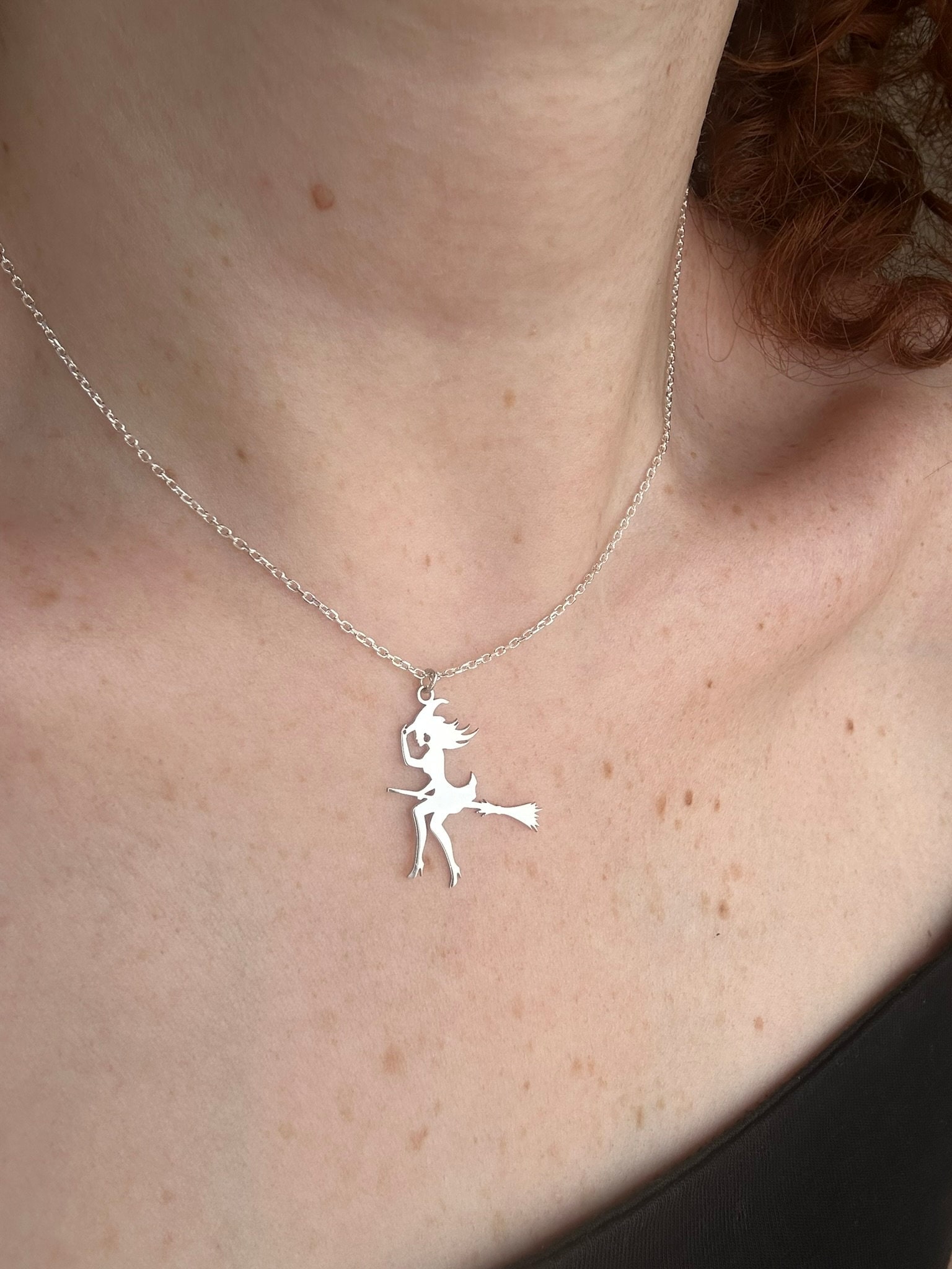 Witch on a Broom Necklace, Sterling Silver Witchy Charm Necklace, Spooky Witch Necklace, Flying Witch Necklace, Wicked Gift, Witch Jewelry