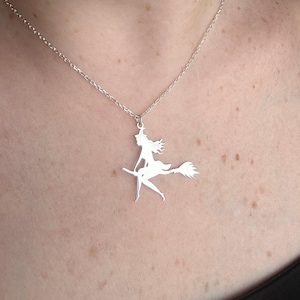 925 Sterling Silver Witch Necklace, Flying Witch Pendant, Spooky Halloween Jewelry for Women, Wiccan Pagan Gift, Witch on Broom Necklace