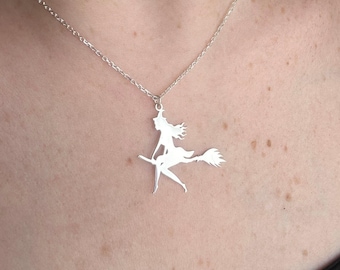 925 Sterling Silver Witch Necklace, Flying Witch Pendant, Spooky Halloween Jewelry for Women, Wiccan Pagan Gift, Witch on Broom Necklace