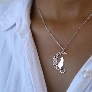 Cat On The Moon Necklace Sterling Silver, Celestial Necklace, Lucky Cat Jewelry, Silver Moon Kitty Necklace, Crescent Moon Necklace