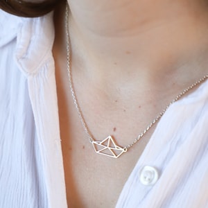 Sterling Silver Origami Paper Boat Necklace, Paper Boat Pendant, Geometric Sail Charm, Dainty Boat Jewelry, Origami Necklace