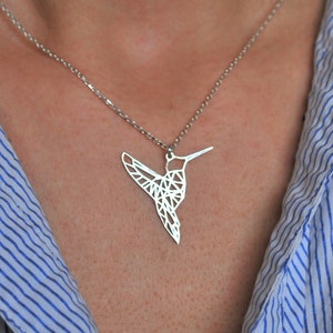 Sterling Silver Origami Hummingbird Necklace, Geometric Design Bird Pendant, Humming Bird Necklace, Bird Jewelry, Origami Necklace