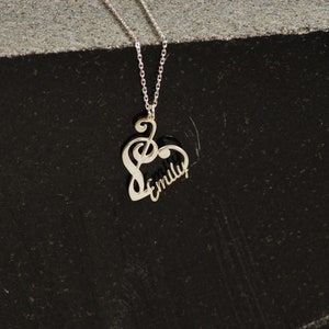 Silver Treble Clef Name Necklace, Custom Music Note Pendant, Musician Jewelry for Her, Personalized Gift for Music Lovers, Heart Necklace
