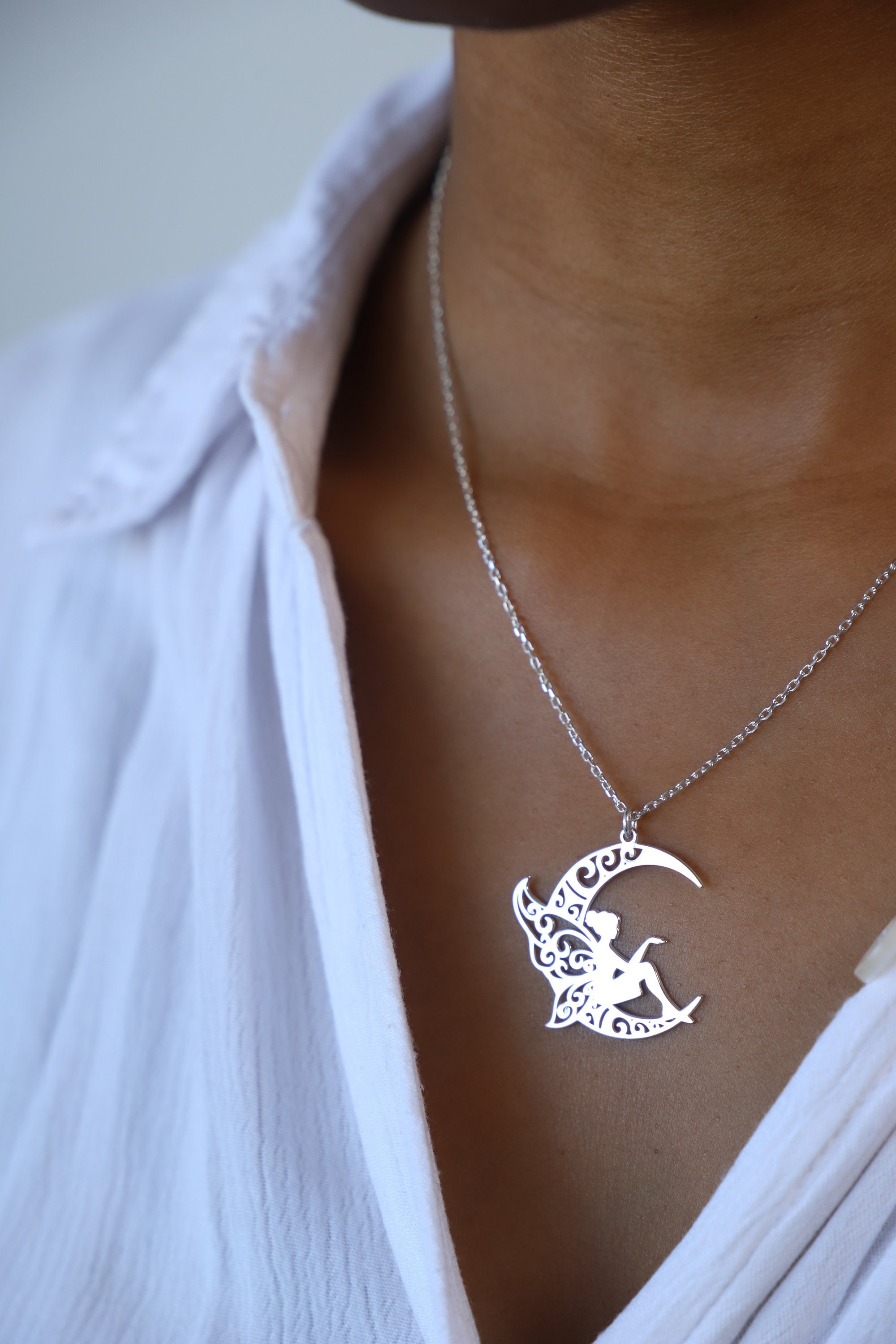 Sterling Silver Fairy on Moon Necklace, Fairy Necklace, Pixie on