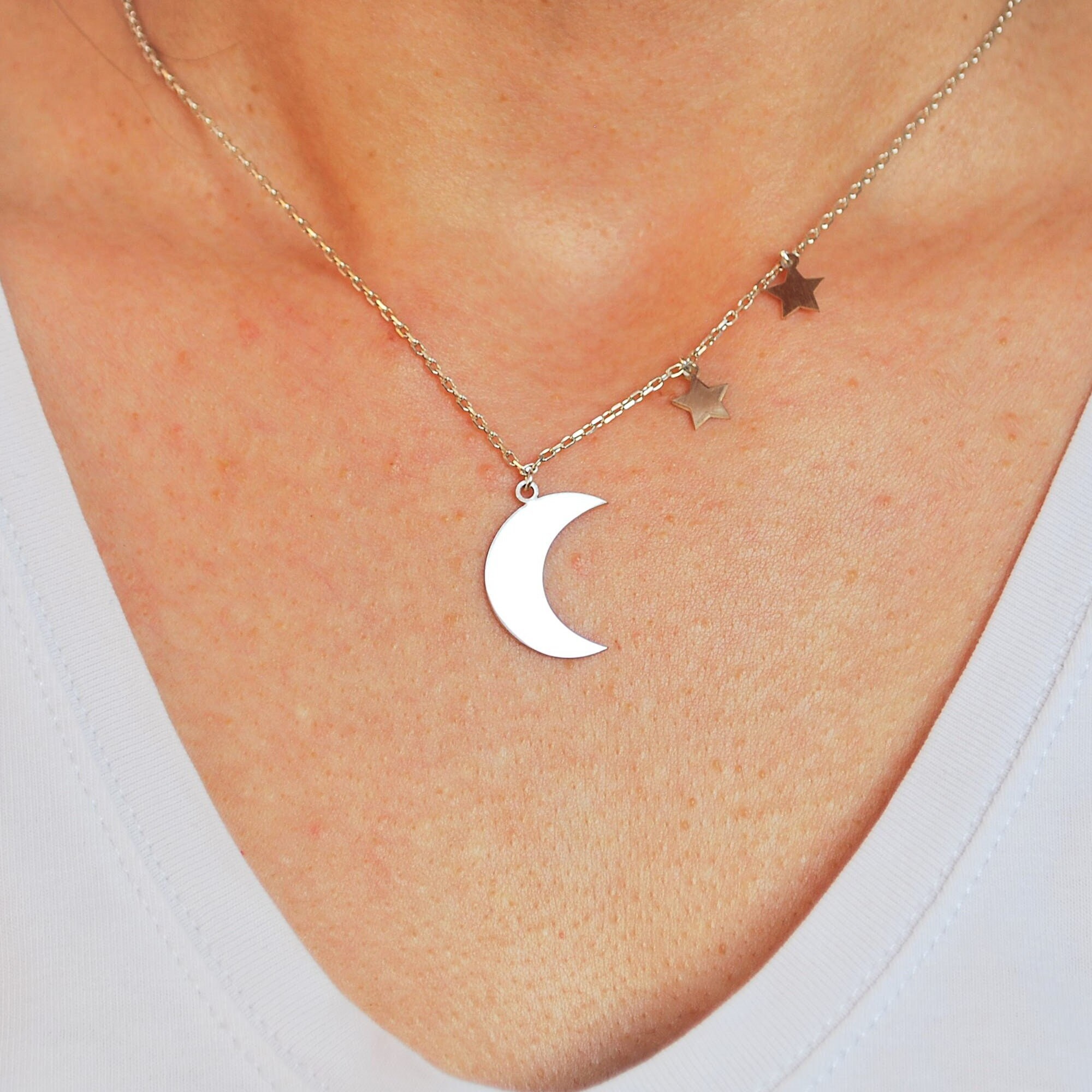 Sterling Silver Crescent Moon Necklace With Stars, Dainty Celestial ...