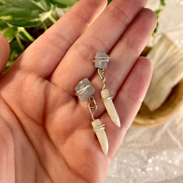 Raw Celestite and Alligator Tooth dangle Earrings - Handmade Wire Wrap Earrings