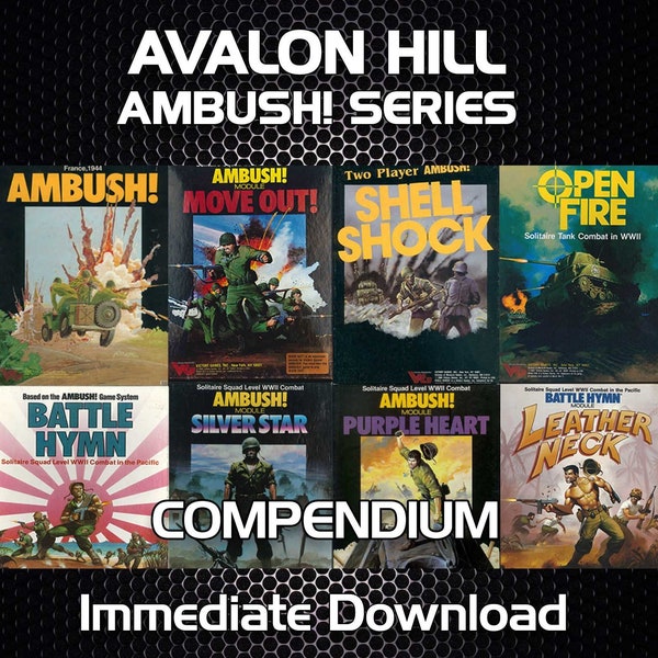 Avalon Hill Ambush! Games Compendium  Complete WWII Wargame Reference - Map Boards, Counter Sheets, Rulebooks, Charts, Record Sheets, Cards.