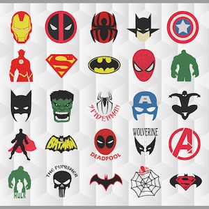 25 x Super Heroes Embroidery Designs - Sizes 3, 4, 6 & 8 inches. Machine formats included: dst, exp, hus, jef, pes, sew, vip, vp3, xxx
