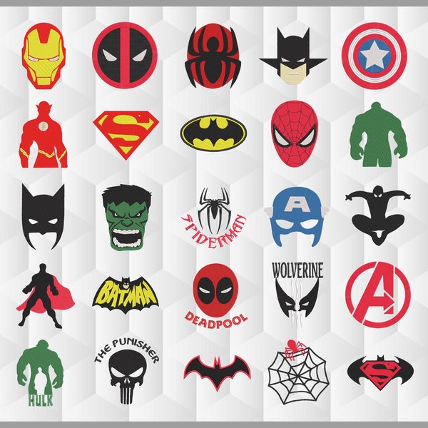 25 x Super Heroes Embroidery Designs - Sizes 3, 4, 6 & 8 inches. Machine formats included: dst, exp, hus, jef, pes, sew, vip, vp3, xxx