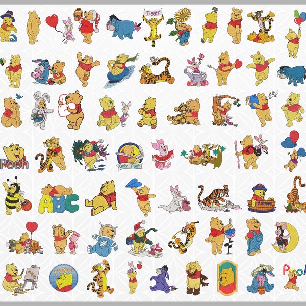 230+ Winnie-the-Pooh borduurontwerpencollectie - beschikbaar in verschillende bestandsformaten: pes, jef, vp3, dst, exp, hus, vip, xxx - Downloaden.