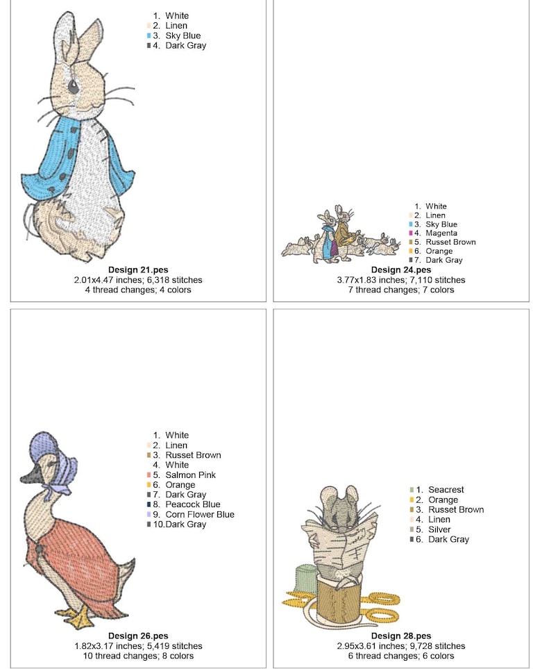 A collection of Beatrix Potter machine embroidery designs. Beautifully created designs of the best known characters including Peter Rabbit, Benjamin Bunny, Jemima Puddle-Duck, Tom Kitten, Mr Jeremy Fisher, Mrs Tiggy-Winkle, Squirrel Nutkin, Samuel Whiskers, Pigling Bland, Flopsy Mopsy and Cotton-Tail. The designs will make a perfect additions to children's garments, bags, cushions or bedding. Also ideal as adornments for a nursery.