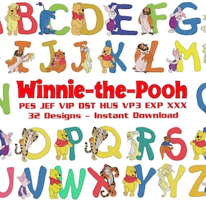 Winnie-the-Pooh Alphabet Embroidery Designs - available in various file formats: pes, jef, vp3, dst, exp, hus, vip, xxx - Instant Download.