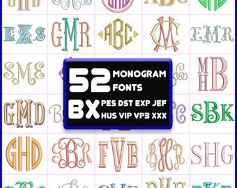 52 BX Embroidery Monogram Fonts: Machine Embroidery Designs Satin Stitch PES DST
