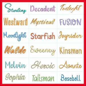 Puede incluir: Una cuadr&iacute;cula de quince palabras bordadas en varias fuentes y colores, incluyendo Sterling, Decadent, Twilight, Westward, Mystical, Fusion, Moonlight, Starfish, Joyrider, Waldo, Sweeney, Kinsmen, Melvin, Heroic, Avante, Sophia, Talisman y Baseball.