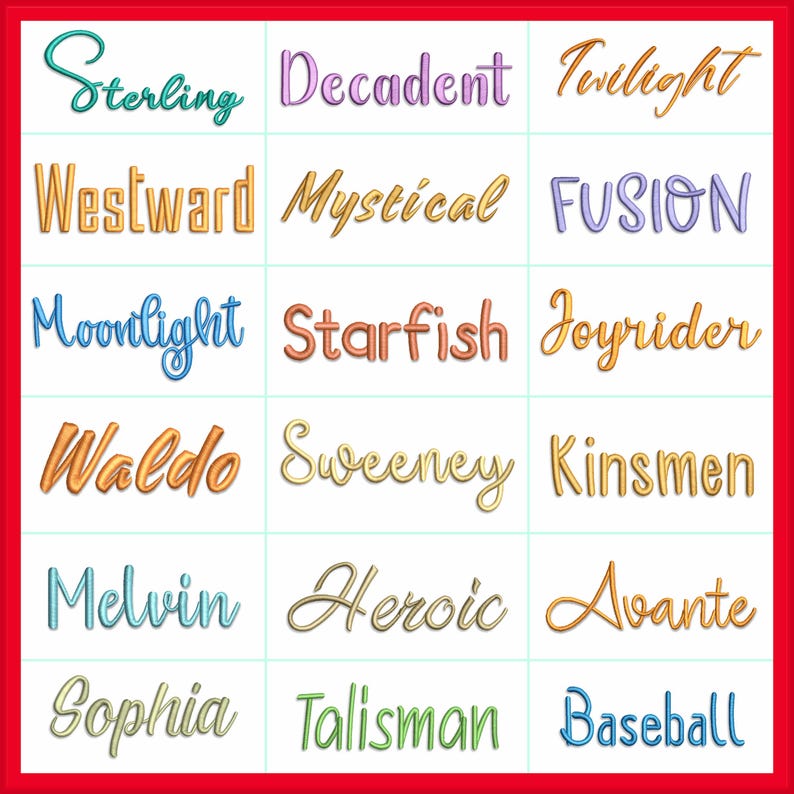 Puede incluir: Una cuadr&iacute;cula de quince palabras bordadas en varias fuentes y colores, incluyendo Sterling, Decadent, Twilight, Westward, Mystical, Fusion, Moonlight, Starfish, Joyrider, Waldo, Sweeney, Kinsmen, Melvin, Heroic, Avante, Sophia, Talisman y Baseball.