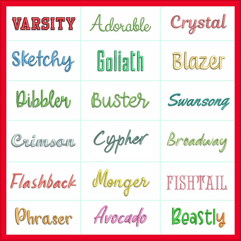 Puede incluir: Una cuadr&iacute;cula de quince palabras bordadas en varios colores y fuentes, incluyendo Varsity, Adorable, Crystal, Sketchy, Goliath, Blazer, Dibbler, Buster, Swansong, Crimson, Cypher, Broadway, Flashback, Monger, Fishtail, Phraser, Avocado y Beastly.