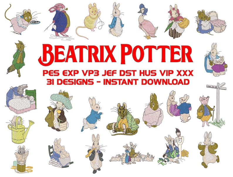 A collection of Beatrix Potter machine embroidery designs. Beautifully created designs of the best known characters including Peter Rabbit, Benjamin Bunny, Jemima Puddle-Duck, Tom Kitten, Mr Jeremy Fisher, Mrs Tiggy-Winkle, Squirrel Nutkin, Samuel Whiskers, Pigling Bland, Flopsy Mopsy and Cotton-Tail. The designs will make a perfect additions to children's garments, bags, cushions or bedding. Also ideal as adornments for a nursery.