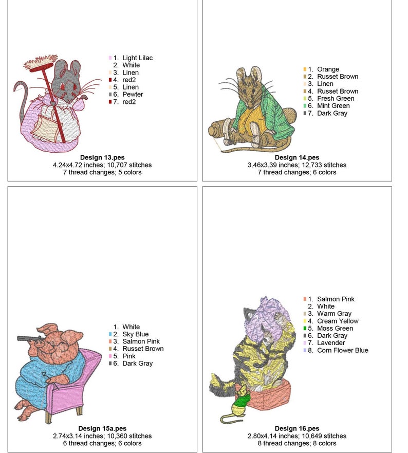 A collection of Beatrix Potter machine embroidery designs. Beautifully created designs of the best known characters including Peter Rabbit, Benjamin Bunny, Jemima Puddle-Duck, Tom Kitten, Mr Jeremy Fisher, Mrs Tiggy-Winkle, Squirrel Nutkin, Samuel Whiskers, Pigling Bland, Flopsy Mopsy and Cotton-Tail. The designs will make a perfect additions to children's garments, bags, cushions or bedding. Also ideal as adornments for a nursery.