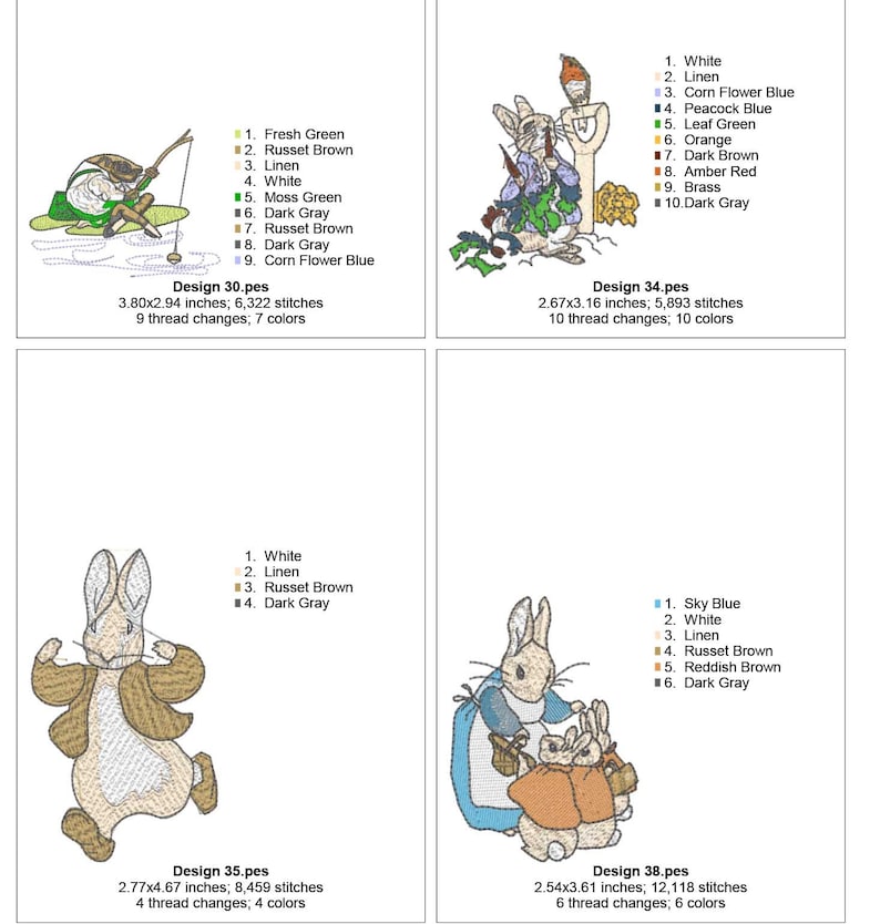 A collection of Beatrix Potter machine embroidery designs. Beautifully created designs of the best known characters including Peter Rabbit, Benjamin Bunny, Jemima Puddle-Duck, Tom Kitten, Mr Jeremy Fisher, Mrs Tiggy-Winkle, Squirrel Nutkin, Samuel Whiskers, Pigling Bland, Flopsy Mopsy and Cotton-Tail. The designs will make a perfect additions to children's garments, bags, cushions or bedding. Also ideal as adornments for a nursery.