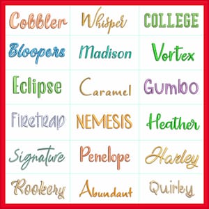 Puede incluir: Una cuadr&iacute;cula de dieciocho palabras bordadas en varias fuentes y colores, incluyendo Cobbler, Whisper, COLLEGE, Bloopers, Madison, Vortex, Eclipse, Caramel, Gumbo, Firetrap, NEMESIS, Heather, Signature, Penelope, Harley, Rookery, Abundant y Quirky.