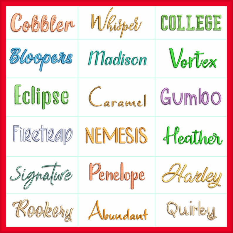 Puede incluir: Una cuadr&iacute;cula de dieciocho palabras bordadas en varias fuentes y colores, incluyendo Cobbler, Whisper, COLLEGE, Bloopers, Madison, Vortex, Eclipse, Caramel, Gumbo, Firetrap, NEMESIS, Heather, Signature, Penelope, Harley, Rookery, Abundant y Quirky.