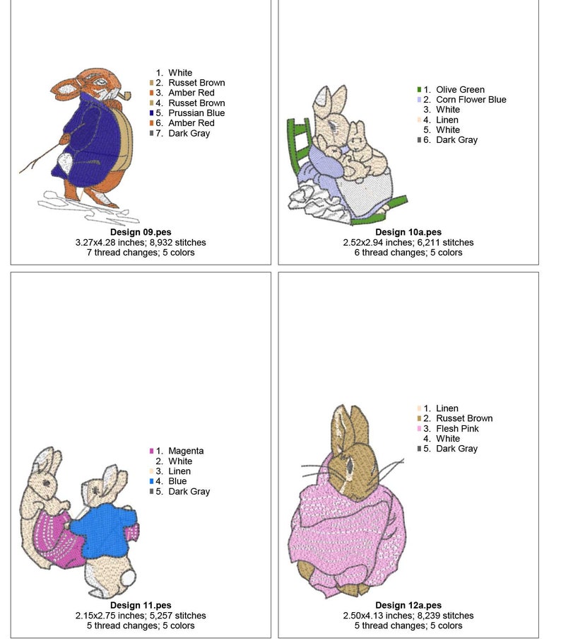 A collection of Beatrix Potter machine embroidery designs. Beautifully created designs of the best known characters including Peter Rabbit, Benjamin Bunny, Jemima Puddle-Duck, Tom Kitten, Mr Jeremy Fisher, Mrs Tiggy-Winkle, Squirrel Nutkin, Samuel Whiskers, Pigling Bland, Flopsy Mopsy and Cotton-Tail. The designs will make a perfect additions to children's garments, bags, cushions or bedding. Also ideal as adornments for a nursery.