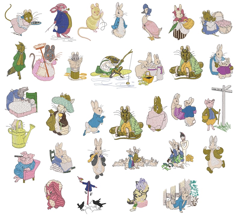 A collection of Beatrix Potter machine embroidery designs. Beautifully created designs of the best known characters including Peter Rabbit, Benjamin Bunny, Jemima Puddle-Duck, Tom Kitten, Mr Jeremy Fisher, Mrs Tiggy-Winkle, Squirrel Nutkin, Samuel Whiskers, Pigling Bland, Flopsy Mopsy and Cotton-Tail. The designs will make a perfect additions to children's garments, bags, cushions or bedding. Also ideal as adornments for a nursery.