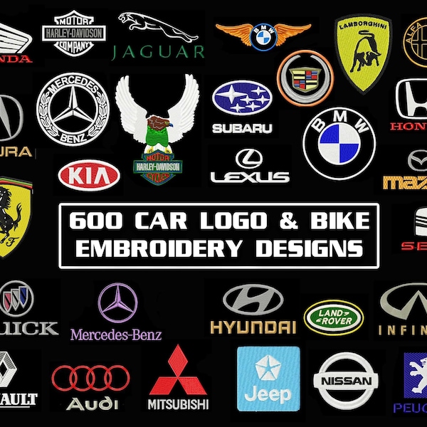Over 600 Car Logo & Biker Brand Manufacturers Embroidery Designs in: pes, jef, hus, vp3, dst, vip, exp, xxx Format - Instant Download.