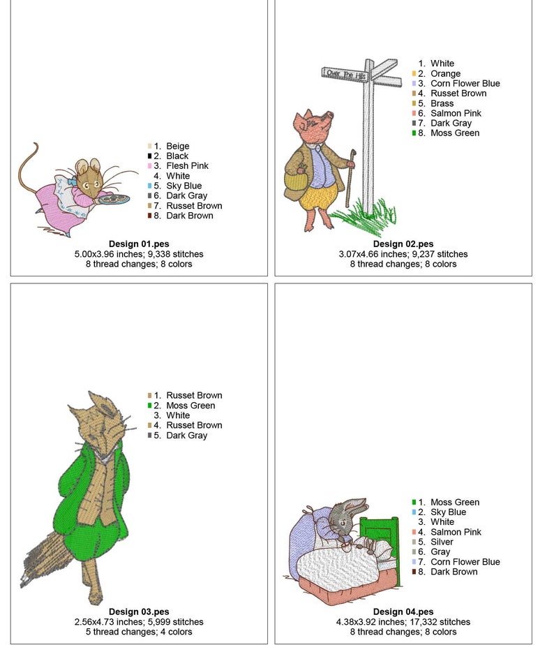 A collection of Beatrix Potter machine embroidery designs. Beautifully created designs of the best known characters including Peter Rabbit, Benjamin Bunny, Jemima Puddle-Duck, Tom Kitten, Mr Jeremy Fisher, Mrs Tiggy-Winkle, Squirrel Nutkin, Samuel Whiskers, Pigling Bland, Flopsy Mopsy and Cotton-Tail. The designs will make a perfect additions to children's garments, bags, cushions or bedding. Also ideal as adornments for a nursery.
