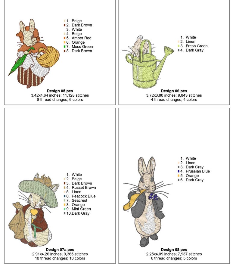 A collection of Beatrix Potter machine embroidery designs. Beautifully created designs of the best known characters including Peter Rabbit, Benjamin Bunny, Jemima Puddle-Duck, Tom Kitten, Mr Jeremy Fisher, Mrs Tiggy-Winkle, Squirrel Nutkin, Samuel Whiskers, Pigling Bland, Flopsy Mopsy and Cotton-Tail. The designs will make a perfect additions to children's garments, bags, cushions or bedding. Also ideal as adornments for a nursery.