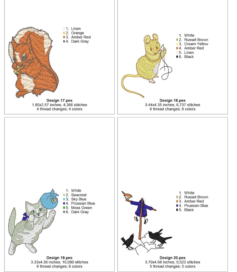 A collection of Beatrix Potter machine embroidery designs. Beautifully created designs of the best known characters including Peter Rabbit, Benjamin Bunny, Jemima Puddle-Duck, Tom Kitten, Mr Jeremy Fisher, Mrs Tiggy-Winkle, Squirrel Nutkin, Samuel Whiskers, Pigling Bland, Flopsy Mopsy and Cotton-Tail. The designs will make a perfect additions to children's garments, bags, cushions or bedding. Also ideal as adornments for a nursery.
