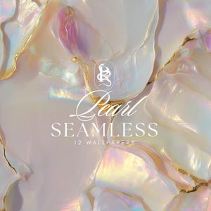 May include: A seamless wallpaper design with a pearlescent, iridescent pattern and gold detailing. The text "Pearl SEAMLESS 12 WALLPAPERS" is displayed in white, indicating a collection of wallpapers.