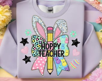 PNG de Pascua para maestros, diseño de sublimación de camiseta con parche de lentejuelas falsas Coquette, PNG de maestro alegre, descarga digital preppy, uso comercial