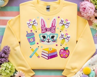 Conejito de Pascua para maestro, diseño de sublimación de camiseta con parche de lentejuelas falsas, PNG para maestro, descarga digital preppy, uso comercial