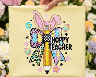 PNG de Pascua para maestros, diseño de sublimación de camiseta con parche de lentejuelas falsas Coquette, PNG de maestro alegre, descarga digital preppy, uso comercial