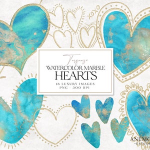 Türkis Aquarell Herzen, Valentinstag, Gold Glitzer Herzen Rahmen Cip Art, transparente PNG, sofortiger Download für kommerzielle Nutzung