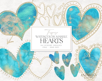 Turquoise Watercolor hearts, Valentines Day, Gold Glitter hearts frames Cip Art, Transparent PNG, instant download for commercial use