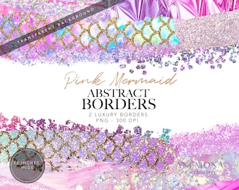 Pink Mermaid Glitter Border Clipart: Digital Frame Overlays (PNG)