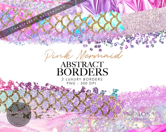 Pink Mermaid Glitter Border Clipart: Digital Frame Overlays (PNG)