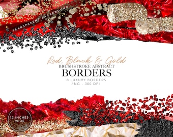 Red and Gold Glitter Border Clipart: Metallic Digital Frames (PNG)