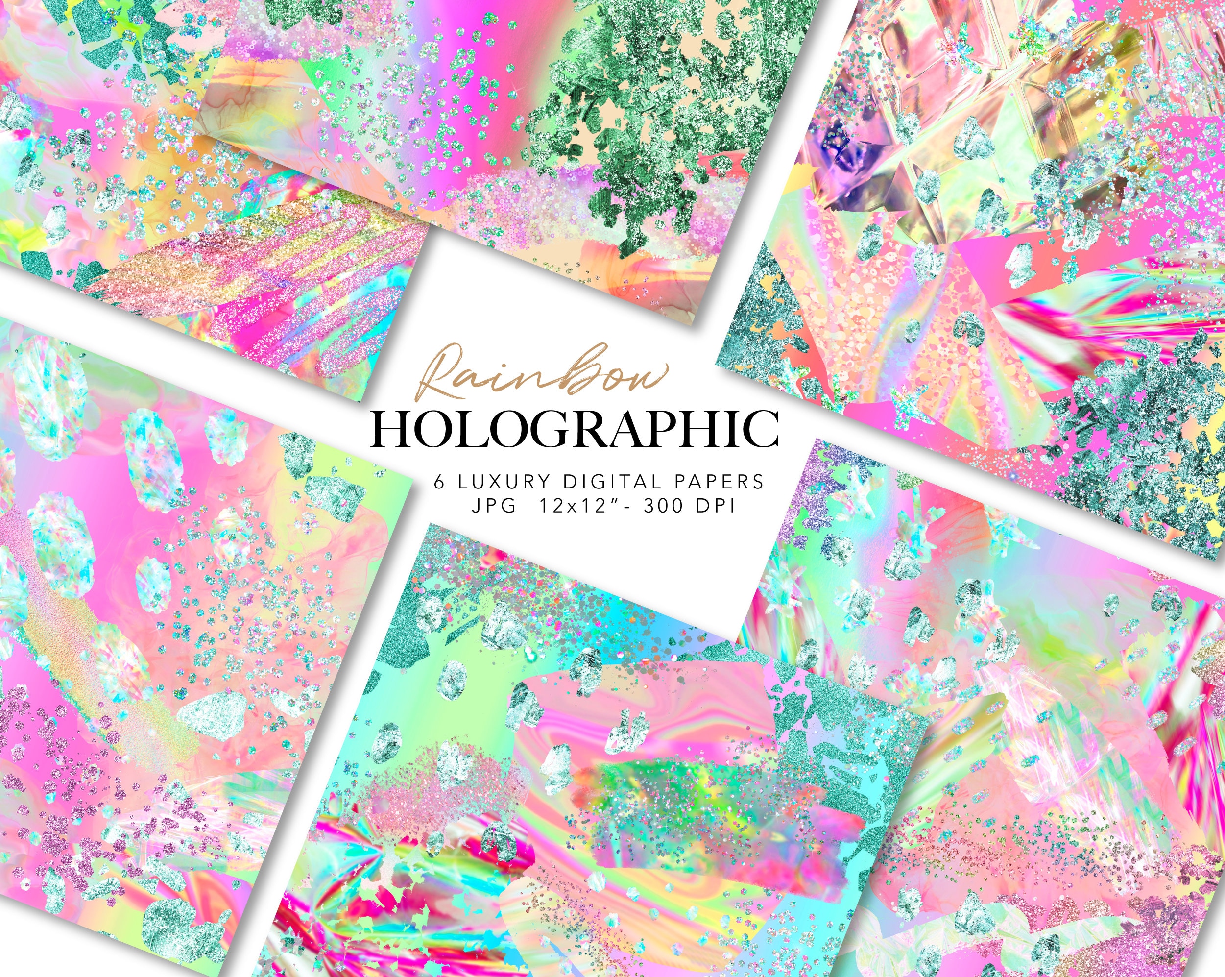 Rainbow Glitter Digital Paper: Holographic Abstract Patterns ...