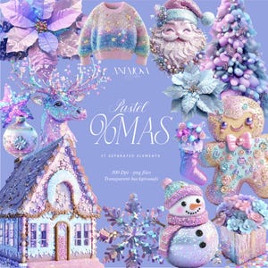 3D Pastell Weihnachts Clipart, Lebkuchenhaus, Pastell rosa, lila blau, Weihnachtsbaum, Weihnachtsstern, Schneeflocken, Ornamente, Urlaub PNG