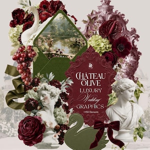 May include: A digital collage featuring a white swan, red grapes, dark red roses, green hydrangeas, two white marble-style busts, a green envelope, a dark red ornate frame with the text CHATEAU OLIVE LUXURY Wedding GRAPHICS +450 Elements.