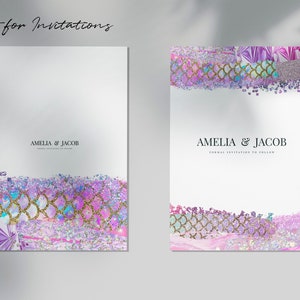May include: Two wedding invitation cards with a purple, pink, and gold glitter design. The text on the cards reads "Amelia & Jacob".